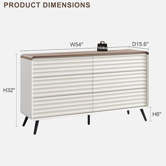 RedLemon 6 Drawers Dresser for Bedroom, 54'' Wide Mid Century Modern Wood Fluted Double Dresser, Chest of Drawers with Tapered Leg for Bedroom, Living Room, Hallway, Closet, Antuique White
