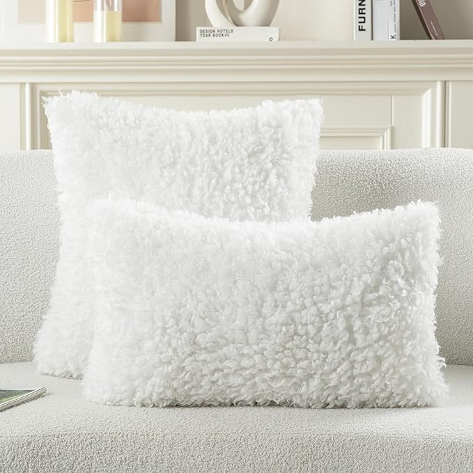 FUTEI Cream White Decorative Throw Pillow Covers 16x16 Inch Set of 2,Soft Fluffy Faux Wool Fur Boucle Textured Cushion Case,Modern Home Decor for Couch Bed Living Room Office