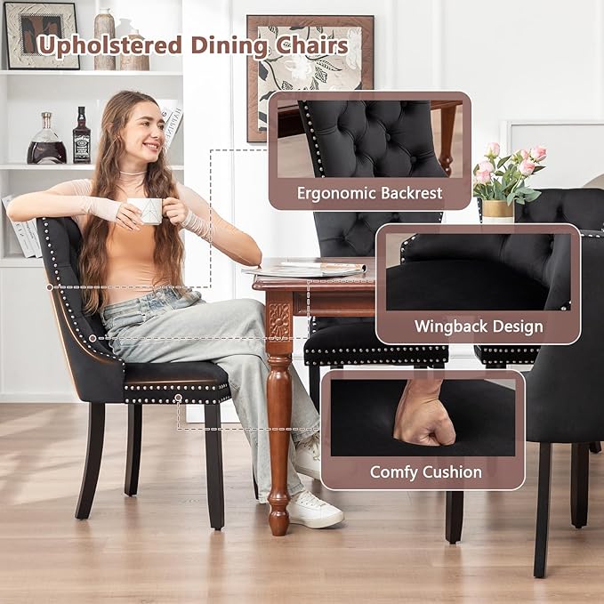 Velvet Dining Chairs Set of 6, Tufted Dining Room Chairs with Nailhead Ring Pull Trim, Upholstered Dining Chairs with Solid Wood Legs for Kitchen Dining Room, Sillas De Comedor (Black)