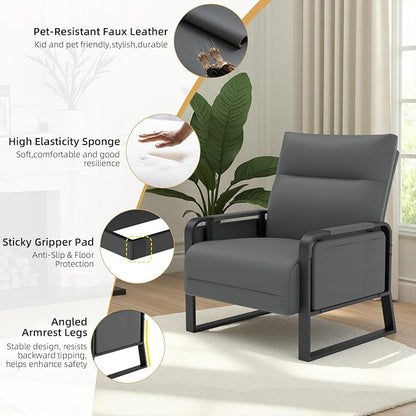 Faux Leather Accent Chair with Flip Up Tray Table Soft Backrest Side Pocket for Living Room Office Bedroom Leather Accent Chair, Gray