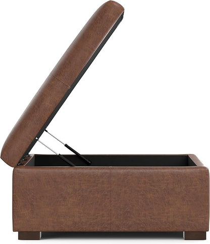 SIMPLIHOME Gabbie 36 inch Wide Contemporary Square Square Coffee Table Storage Ottoman in Distressed Saddle Brown Vegan Faux Leather, Assembled, for The Living Room, Entryway and Family Room