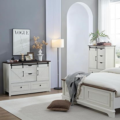 Farmhouse Dresser for Bedroom, 4 Drawers Dresser with Sliding Barn Door, 48" Wide Dresser 4 Chest of Drawers, Storage Organizer Dresser for Bedroom, Hallway, Living Room, Dining Room, Antique White