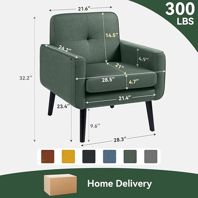 Mid Century Accent Chair, Fabric Modern Chair with Wooden Frame, Cozy Armchair Reading Chair with Comfy Back for Apartment, Living Room, Bedroom, Waiting Room, Small Space, Corner, Green