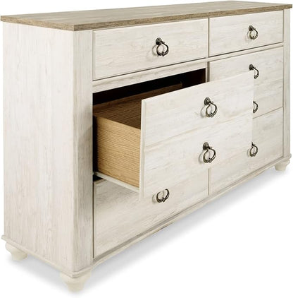 Signature Design by Ashley Willowton Coastal Cottage 6 Drawer Dresser with Faux Plank Top, Whitewash