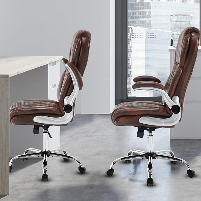 Executive Office Chair Brown, PU Leather High Back Office Desk Chairs with Wheels, 90-120° Rocking Managerial Ergonomic Big Tall Home Computer Chairs with Flip up Arms and Lumbar Support