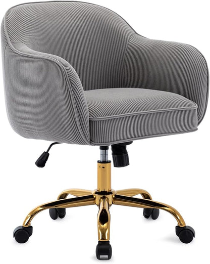 Home Office Desk Chair with Arms Gold Wheels Modern Velvet Upholstered Rolling Computer Chair Mid-Back Ergonomic Adjustable Swivel Vanity Chair for Bedroom Study Office, Grey,Corduroy
