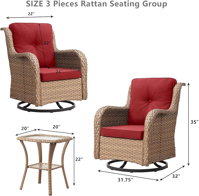 HUMMUH 3-Piece Swivel Rocking Rattan Chair Outdoor, Patio Bistro Furniture Conversation Set, Cushioned Wicker Chair with Glass Coffee Table(Yellow,Red)