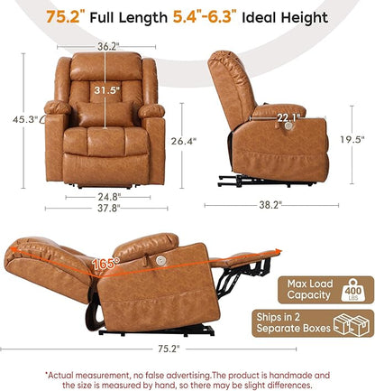 ABCASA Oversized Zero Gravity Power Lift Recliner Chair, 24.8''Wide Dual Motor Recliner for Elderly, Heat & Massage, USB & Type-C Ports, Cup Holders, Extended Footrest, PU Leather, Orange Brown