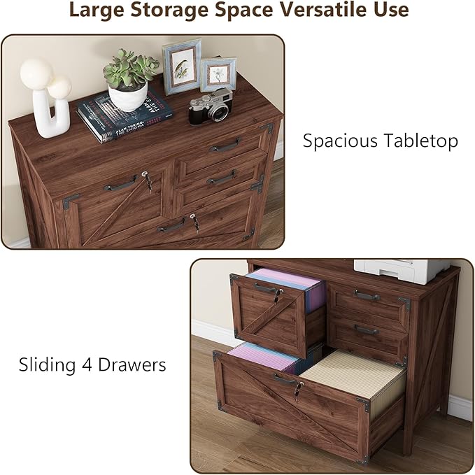 Lateral File Cabinet with 4 Drawers, Farmhouse File Cabinet for Letter/Legal/A4 Size Hanging Files, Large Wood File Storage Cabinets Printer Stand for Home Office Cabinets, Brown with Lock