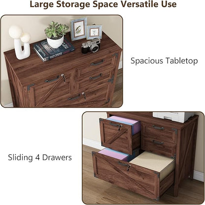 Lateral File Cabinet with 4 Drawers, Farmhouse File Cabinet for Letter/Legal/A4 Size Hanging Files, Large Wood File Storage Cabinets Printer Stand for Home Office Cabinets, Brown with Lock
