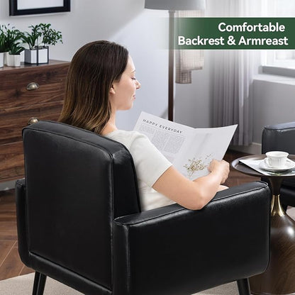 Accent Chair Set of 2, PU Leather Modern Chair with Wooden Frame, Cozy Armchair Reading Chair with Comfy Back for Apartment, Living Room, Bedroom, Waiting Room, Small Space, Corner, Black
