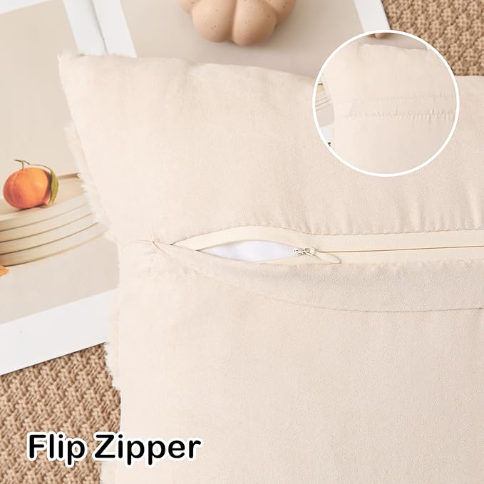 Kevin Textile Fall Pillow Covers 18x18 Inch Set of 2 Soft Pumpkins Decorative Square Pillowcases Plush Autumn Faux Fur Cushions Harvest Gift for Couch Sofa Chair Bedroom Home Decor, Beige