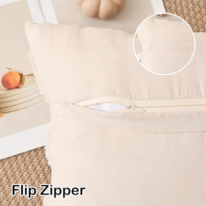 Kevin Textile Fall Pillow Covers 20x20 Inch Set of 2 Soft Pumpkins Decorative Square Pillowcases Plush Autumn Faux Fur Cushions Harvest Gift for Couch Sofa Chair Bedroom Home Decor, Beige