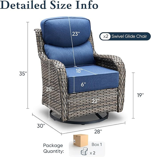 Belord Luxury 6" Thick Cushioned Outdoor Swivel Rocker Patio Chairs of 2, High Back Wicker Patio Furniture Set with Ergonomic Zone Back, Conversation Glider Set for Deck Porch - Grey+Blue