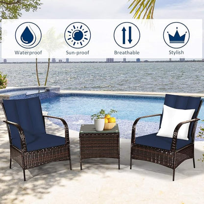 COSTWAY 3 Pieces Patio Rattan Furniture Set, Outdoor Conversation Chair Set with Coffee Table & 2 Cushions for Backyard, Porch, Poolside, Lawn, Garden, Navy