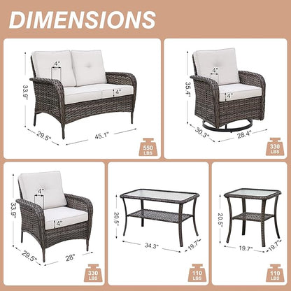 COOS BAY Vintage Courtyard Patio Furniture Set, Wicker Outdoor Furniture, Patio Conversation Sets, 2 Chairs, 2 Swivel Rockers, Loveseat, Coffee Table and Side Table, 7 Pieces, Gray/Beige