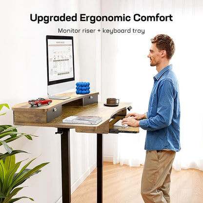 HUANUO 48" x 26" Electric Standing Desk with 2 Drawers & 26.7" Large Keyboard Tray, C-Clamp Mount Compatible, Adjustable Computer Desk for Home Office, Stand Up Desk with 4 Height Presets, Vintage