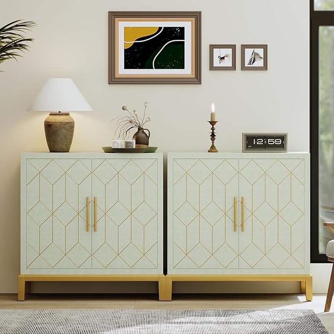 HLR Green Accent Cabinet with Gold Trim,Storage Cabinet with 2 Doors,Modern Wooden Sideboard for Living Room, Kitchen, Office and Hallway