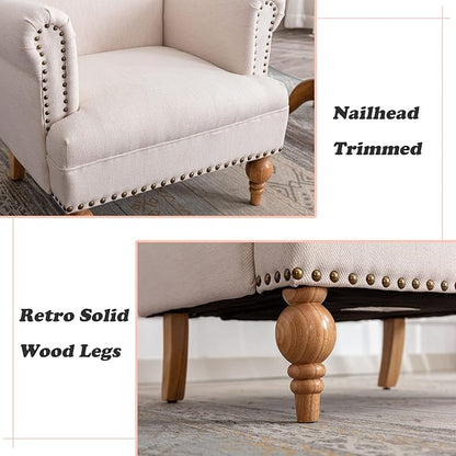 Linen Accent Chair Mid-Century Modern Living Room Armchair with Nailhead Trim & Wood Legs Comfy Upholstered Single Sofa Chair for Lounge/Bedroom/Reception, Cream