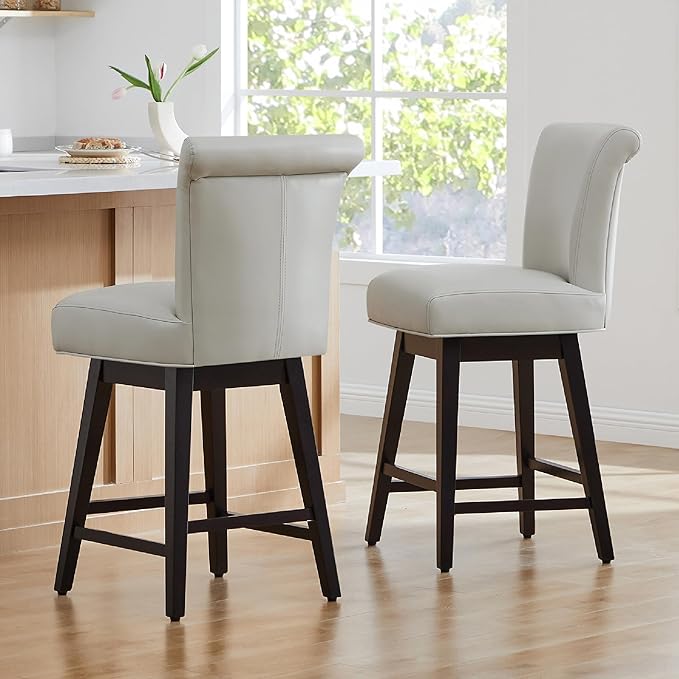 CHITA 26 Inch Counter Height Swivel Bar Stool, FSC Certified Modern Upholstered Faux Leather Swivel Barstool Chair with Back, Creamy Grey