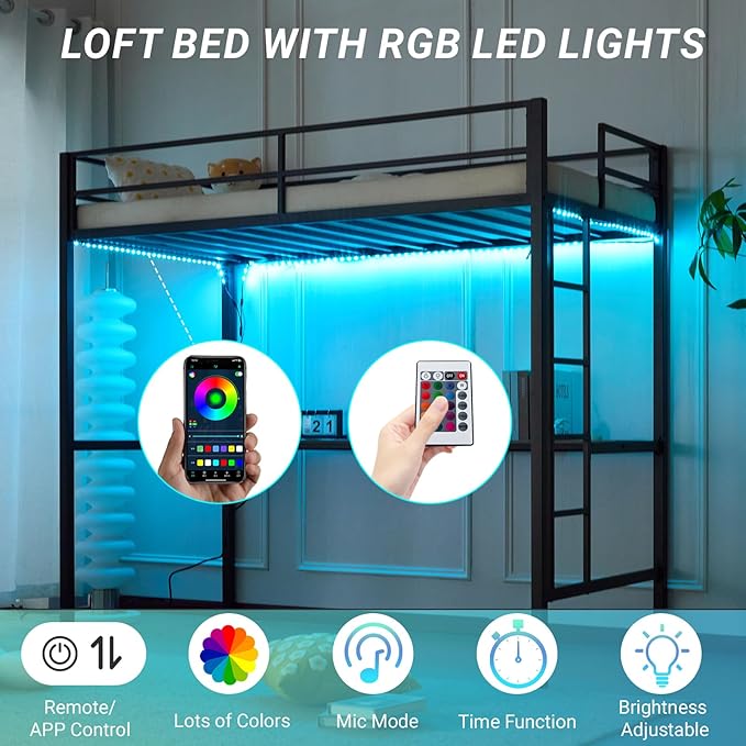 Karl home Twin Metal Loft Bed with Desk, with Power Outlet and LED Lighted, Safety Guardrail & Ladder, Space Saving, No Noise, No Box Spring Needed, Black&Brown