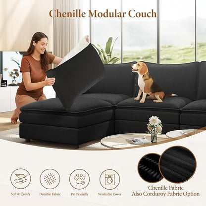 Vesgantti 108" U Shaped Sectional Couch, Comfy Cloud Modular Sectional Sofa with 2 Ottoman Deep Seat Chenille Modern Cloud Sofa, Modular Sofas for Living Room, Bedroom and Apartment, Black