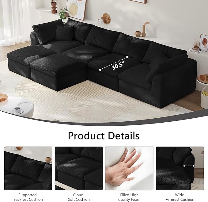 138" Boneless Cloud Couch Modular Sectional Sofa with Deep Seat for Living Room, L Shape Couch with Ottoman, Snowflake Cloth and 40D Memory Sponge，2 Throw Pillows (Black, 4 Seater+2 Ottoman)