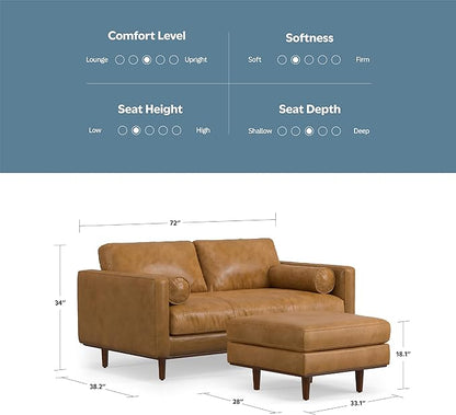 SIMPLIHOME Morrison Mid-Century Modern 72 inch Wide Sofa with Ottoman Set in Sienna Genuine Leather for the Living Room and Family Room