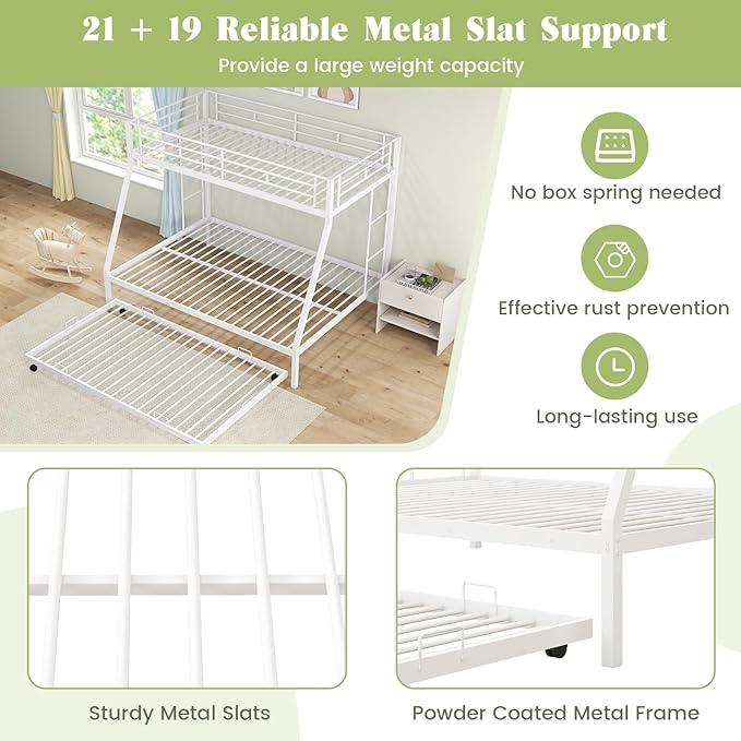 Giantex Twin Over Full Bunk Bed with Trundle, Heavy-Duty Metal Triple Bunk Beds w/Two Side Ladders & Safety Guard Rail, 3 in 1 Bunk Beds for Kids Teens, No Box Spring Needed,White