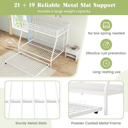 Giantex Twin Over Full Bunk Bed with Trundle, Heavy-Duty Metal Triple Bunk Beds w/Two Side Ladders & Safety Guard Rail, 3 in 1 Bunk Beds for Kids Teens, No Box Spring Needed,White