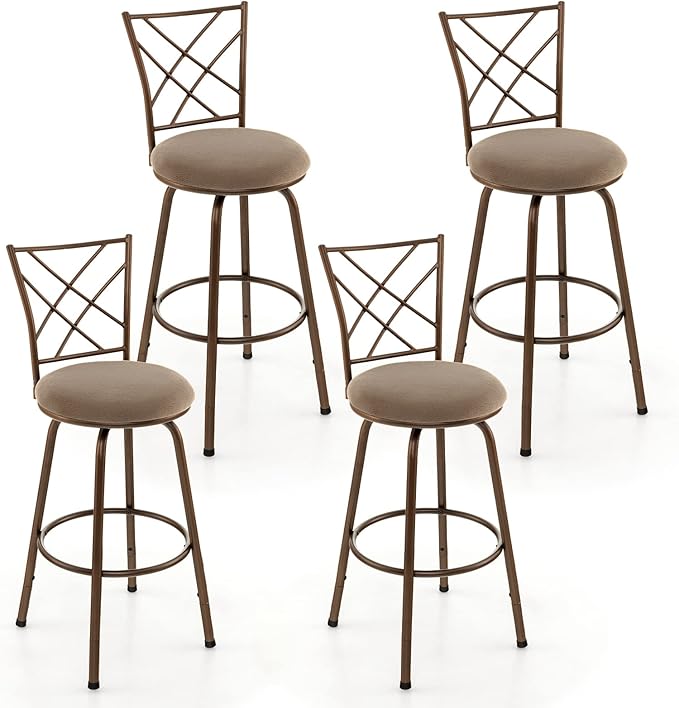 COSTWAY Bar Stools for Kitchen Island, 24/30 Inch Adjustable Seat Height Swivel Barstools, Plush Fabric Cushioned Seat & Cozy Backrest, Extra Leg Tubes for Height Adjustment, for Kitchen, Bar (4)
