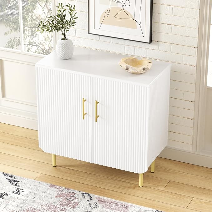 Modern Fluted White Storage Cabinet with 2 Doors, Adjustable Shelves, and Metal Legs, Accent Buffet Sideboard for Living Room, Dining Room, Entryway (White & Gold)