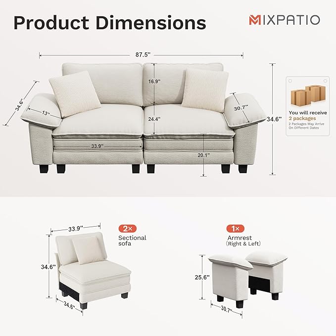 87" Cloud Modular Sectional Loveseat, 2-Seater w/Deep Seat & Removable Arms, Plush Chenille for Small Living Room & Apartment - Beige