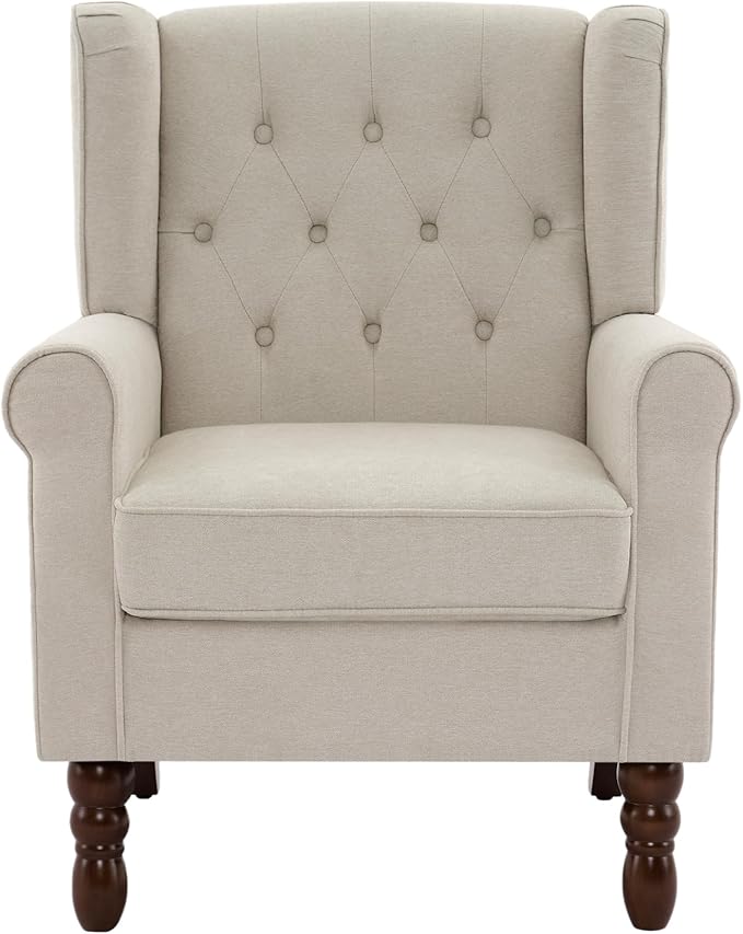 UIXE High Back Accent Chairs Set of 2, Fabric Upholstered Armchair Wingback Club Chair for Living Room, Comfy Single Sofa Bedroom Retro Reading Seat with Solid Wood Legs - Beige