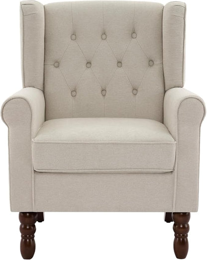 UIXE High Back Accent Chairs Set of 2, Fabric Upholstered Armchair Wingback Club Chair for Living Room, Comfy Single Sofa Bedroom Retro Reading Seat with Solid Wood Legs - Beige