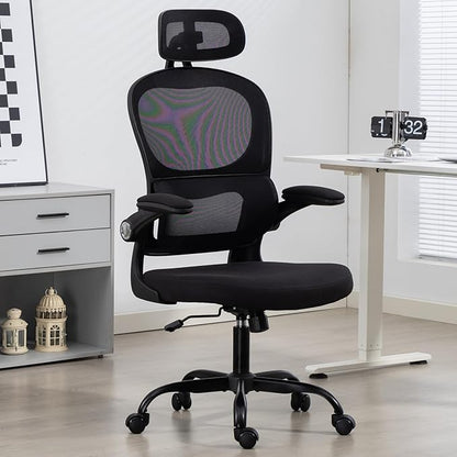 Yilaywain Ergonomic Office Chair, Home Office Desk Chair with Adjustable Headrest, High Back Computer Chair with Armrests and Lumbar Support for Home Office Study Room, Black & Gray (Black)