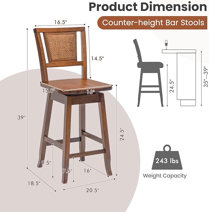 COSTWAY Bar Stools Set of 4, 24.5 Inch Counter Height Bar Stool with Rattan Back, 360°Swivel Seat, Comfortable Footrests, Rubber Wood Bar Stools for Kitchen Island, Dining Room, Cafe, Pub (4)