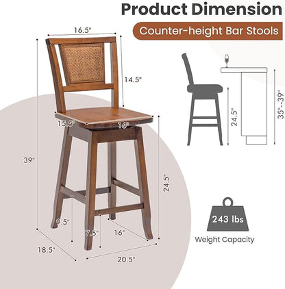 COSTWAY Bar Stools Set of 4, 24.5 Inch Counter Height Bar Stool with Rattan Back, 360°Swivel Seat, Comfortable Footrests, Rubber Wood Bar Stools for Kitchen Island, Dining Room, Cafe, Pub (4)