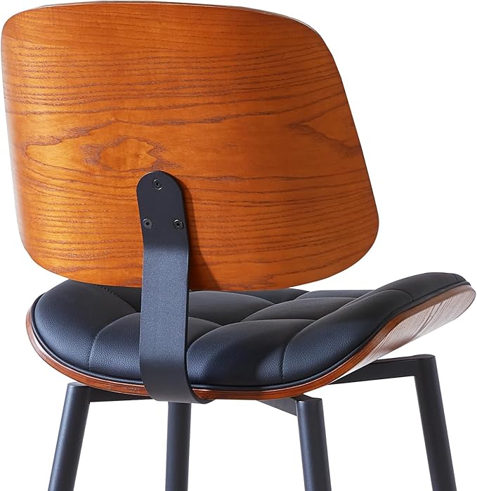 Mid Century Modern Bar Stools Set of 3 for Kitchen Island,Upholstered Black Faux Leather Counter Height stools,26 Inch Counter stools with Walnut Grain Back