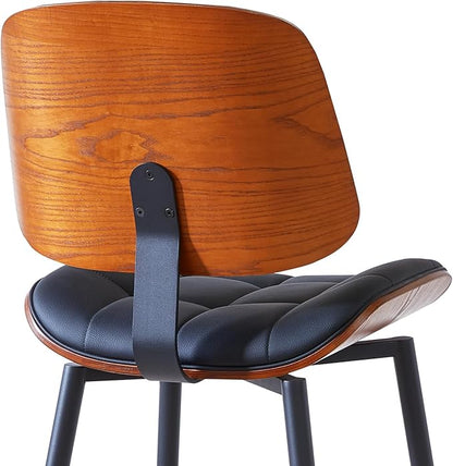 Mid Century Modern Bar Stools Set of 2 for Kitchen Island,Upholstered Black Faux Leather Counter Height stools,26 Inch Counter stools with Walnut Grain Back