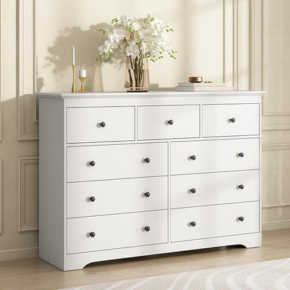 55 Inch Wide White Dresser for Bedroom, 9 Drawer Dresser with Large Drawers, Wood Chest for Living Room, Hallway