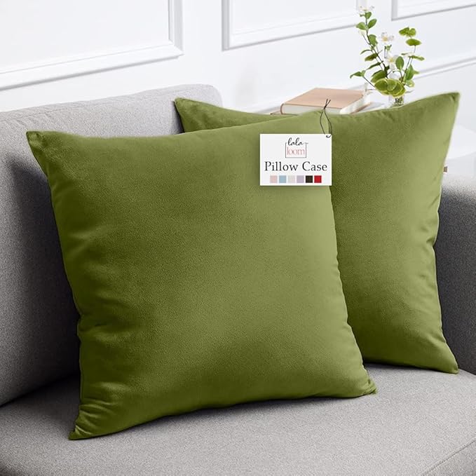 lalaLOOM Velvet Throw Pillow Covers, Set of 2, 24x24 Decorative Square Pillows Home Decor, Soft Accent Cases, Silky Machine Washable Pillowcases for Sofa, Couch, Bedroom, Living Room, Moss Green