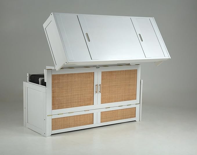 NIGHT & DAY Furniture Murphy Cube Cabinet Bed Pre-Assembled Queen (Clearance) (White with Rattan)