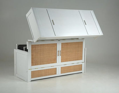 NIGHT & DAY Furniture Murphy Cube Cabinet Bed Pre-Assembled Queen (Clearance) (White with Rattan)