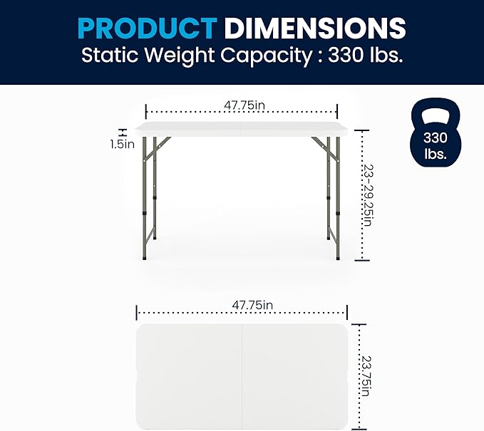 Flash Furniture 4' Rectangular Plastic Folding Event Table with Adjustable Legs and Carrying Handle, Bi-Fold Portable Banquet Table for Indoor/Outdoor Events, White
