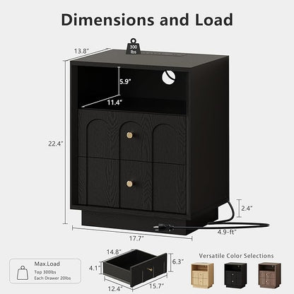 Nightstand with Charging Station, Modern Nightstand with Arched Design, Minimalist End Table with Wood Grain Texture, Bedside Table for Bedroom Living Room Sofa Office, Black