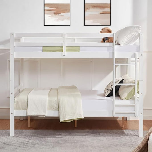 Softa Full Over Full Bunk Bed with Thick Posts,Wooden Bunk Bed with High Guardrail and Ladder for Kids, Teens, Dorm Rooms, and Guest Rooms,No Box Spring Needed,White