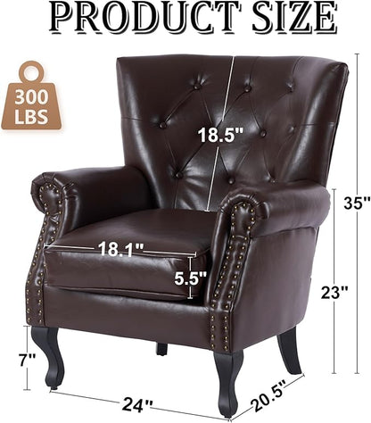 Modern Faux Leather Accent Chair, Upholstered Mid-Century Armchair with Solid Wood Legs, Single Sofa Chair for Living Room, Bedroom, or Reading Room（Caramel）