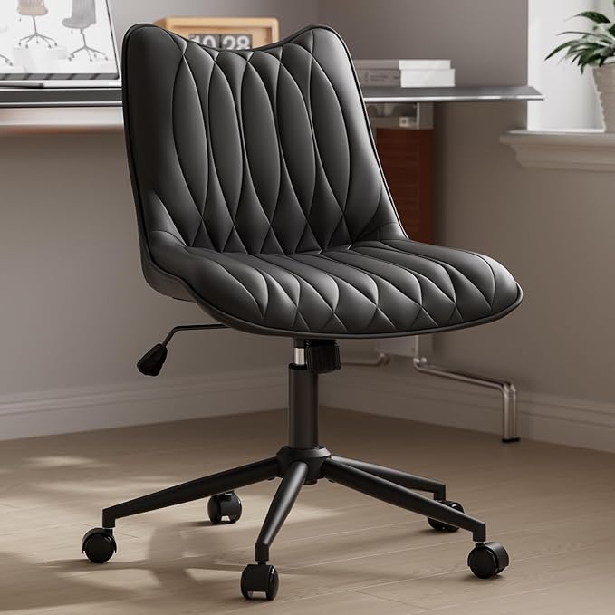 Armless Desk Chair, Armless Office Chair with Wheels, Small Desk Chair No Arms for Home Office, Swivel Vantiy Chair with Backs for Bedroom, Rolling Task Chair for Small Space, Black