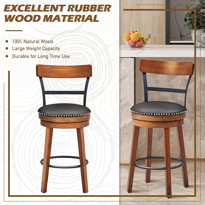 COSTWAY Bar Stools Set of 4, 360-Degree Swivel Stools with Leather Padded Seat, Single Slat Ladder Back & Solid Rubber Wood Legs, Counter Height Stools for Pub, Restaurant, Kitchen, Brown (4, 25.5)